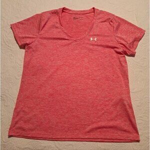Under Armour women's size XL loose neon red v neck shirt heat gear, EUC